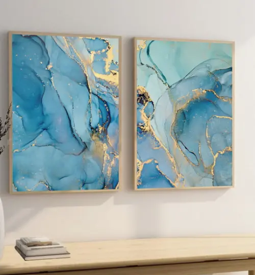 Quadros Decorativos Modernos Abstrato Azul Dourado Moldura