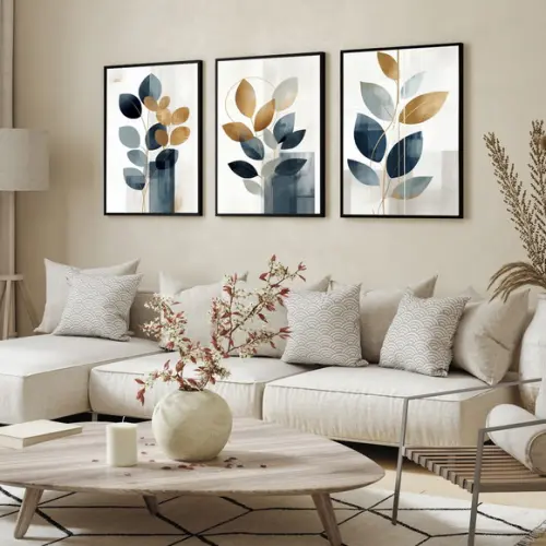 Quadros Decorativos Modernos Abstrato Azul Folhagem Vidro