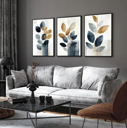 Quadros Decorativos Modernos Abstrato Azul Folhagem Vidro
