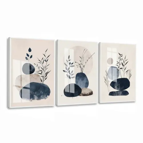Quadros Decorativos Modernos Abstrato Folhas Azul com Vidro