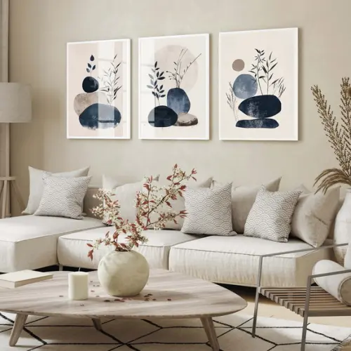 Quadros Decorativos Modernos Abstrato Folhas Azul com Vidro