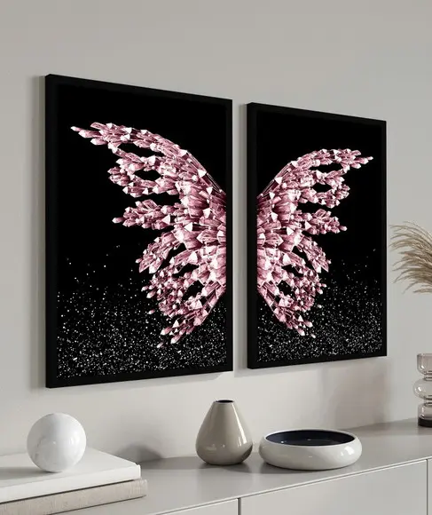 Quadros Decorativos Modernos Asas Rosa Borboletas Moldura