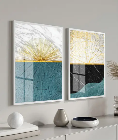 Quadros Decorativos Modernos Azul Dourado Com Moldura Vidro