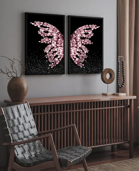 Quadros Decorativos Modernos Asas Rosa Borboletas Moldura