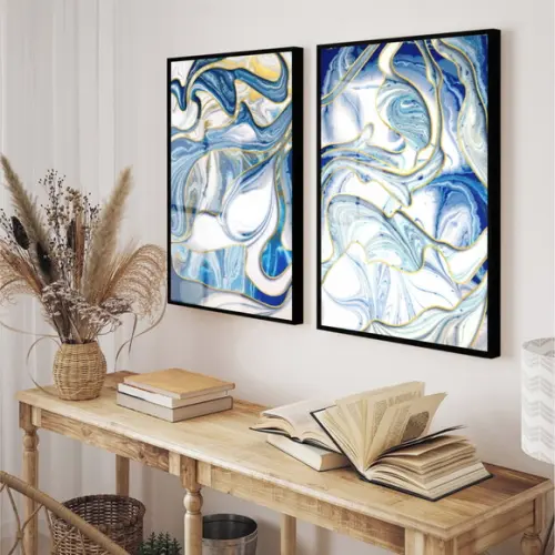 Quadros Decorativos Modernos Azul Gold Com Moldura E Vidro