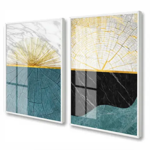 Quadros Decorativos Modernos Azul Dourado Com Moldura Vidro