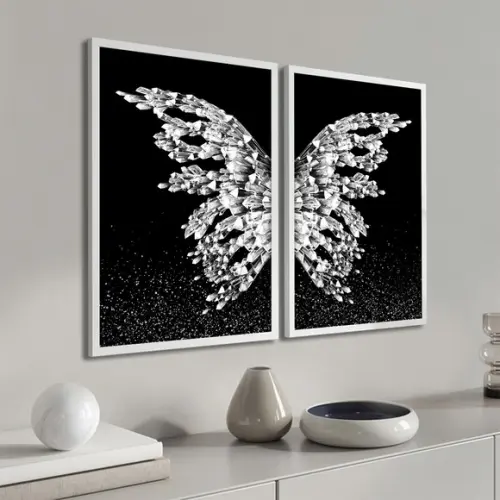 Quadros Decorativos Modernos Borboleta Asas Prata Moldura