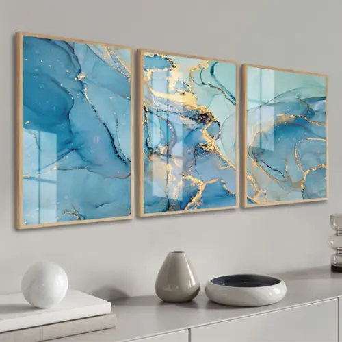 Quadros Decorativos Modernos Dourado Azul Moldura e Vidro