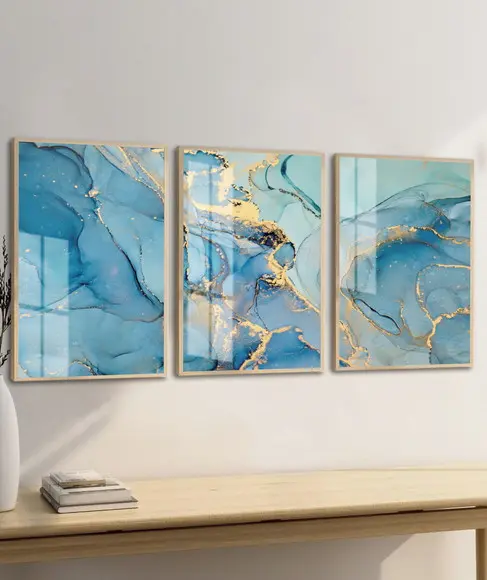 Quadros Decorativos Modernos Dourado Azul Moldura e Vidro