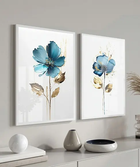 Quadros Decorativos Modernos Flores Azuis Moldura e Vidro