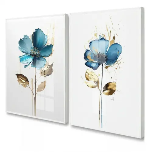 Quadros Decorativos Modernos Flores Azuis Moldura e Vidro