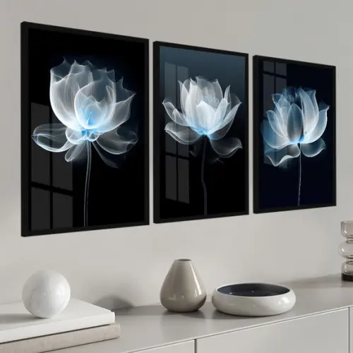 Quadros Decorativos Modernos Flores Azul com Moldura e Vidro