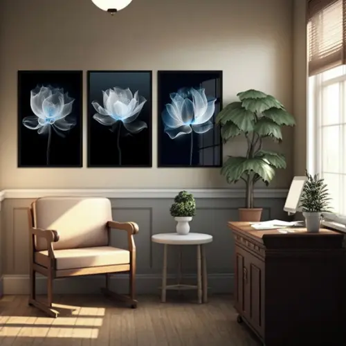Quadros Decorativos Modernos Flores Azul com Moldura e Vidro