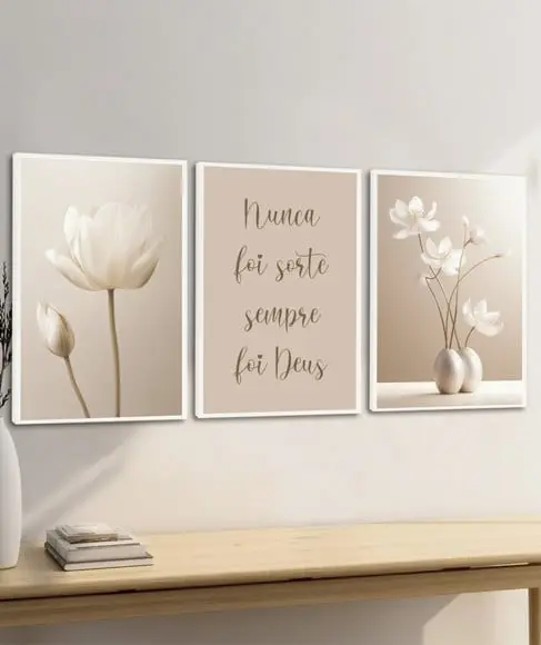 Quadros Decorativos Modernos Flores Bege Boho Frases Moldura