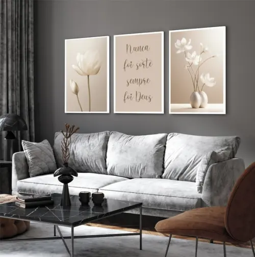 Quadros Decorativos Modernos Flores Bege Boho Frases Moldura