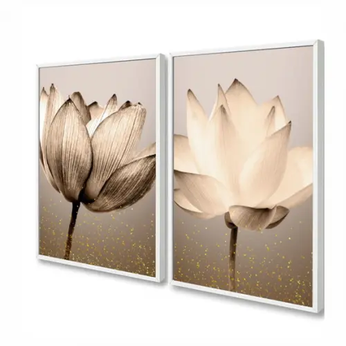Quadros Decorativos Modernos Flores Bege Gold Com Moldura