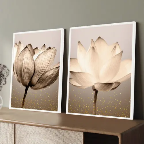 Quadros Decorativos Modernos Flores Bege Gold Com Moldura