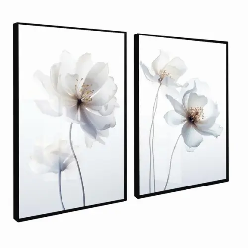 Quadros Decorativos Modernos Flores Brancas Moldura e Vidro