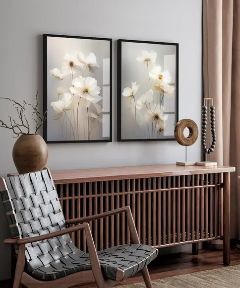 Quadros Decorativos Modernos Flores Brancas Moldura e Vidro