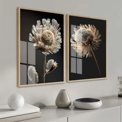Quadros Decorativos Modernos Flores Brancas Moldura e Vidro