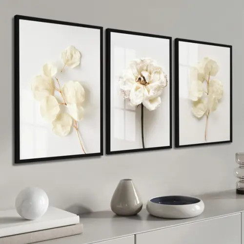 Quadros Decorativos Modernos Flores Brancas Moldura e Vidro