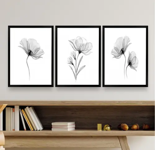 Quadros Decorativos Modernos Flores Preto e Branco Moldura