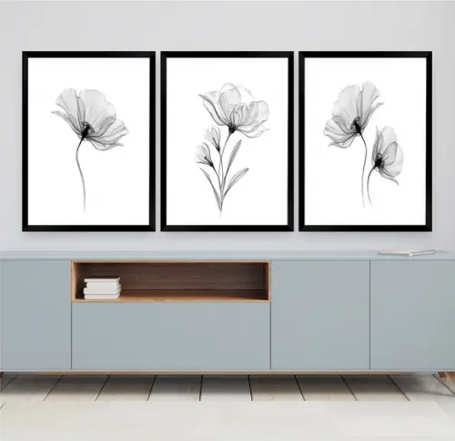 Quadros Decorativos Modernos Flores Preto e Branco Moldura