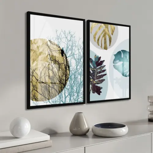 Quadros Decorativos Modernos Folhagem Azul Moldura e Vidro