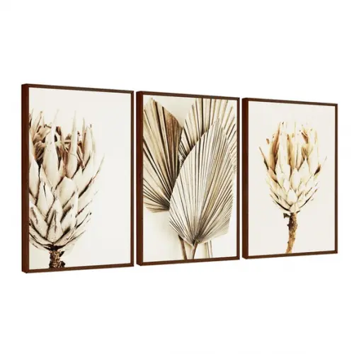 Quadros Decorativos Modernos Folhagem Bege Boho com Moldura