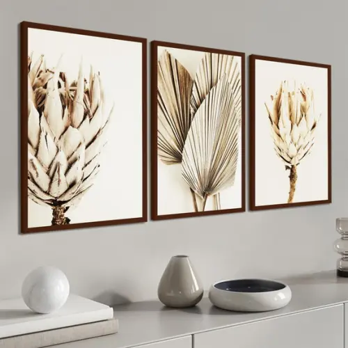 Quadros Decorativos Modernos Folhagem Bege Boho com Moldura