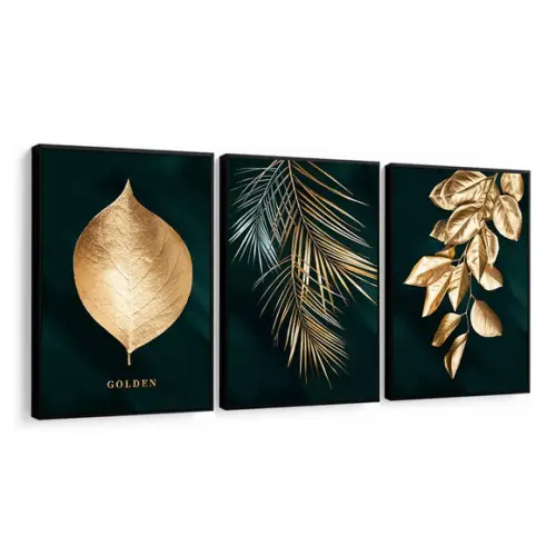Quadros Decorativos Modernos Folhagem Dourada Com Moldura