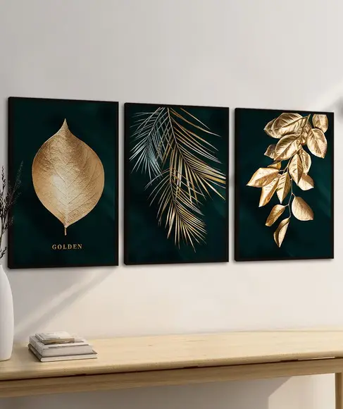 Quadros Decorativos Modernos Folhagem Dourada Com Moldura