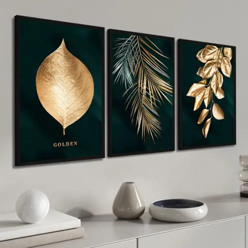 Quadros Decorativos Modernos Folhagem Dourada Com Moldura