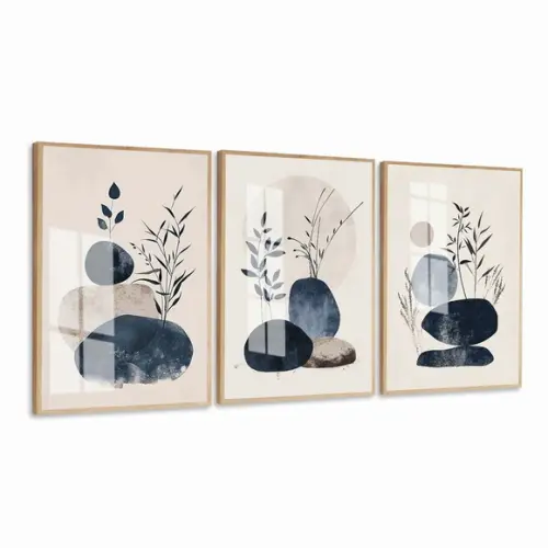 Quadros Decorativos Modernos Folhas Abstrato Azul com Vidro