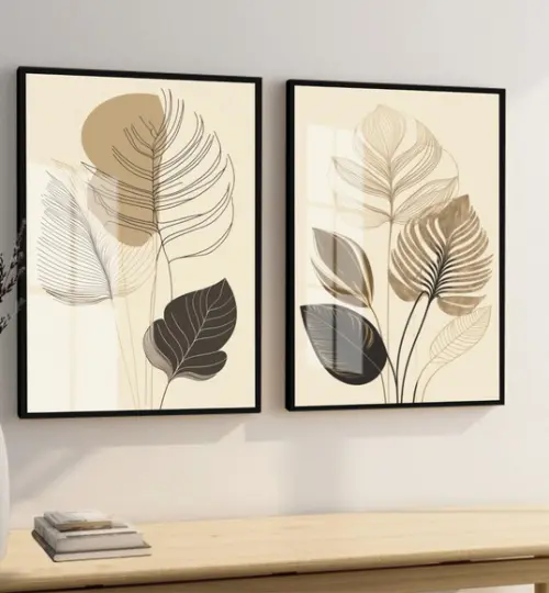 Quadros Decorativos Modernos Folhas Desenho Moldura e Vidro