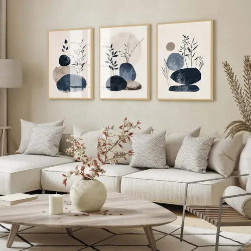 Quadros Decorativos Modernos Folhas Abstrato Azul com Vidro