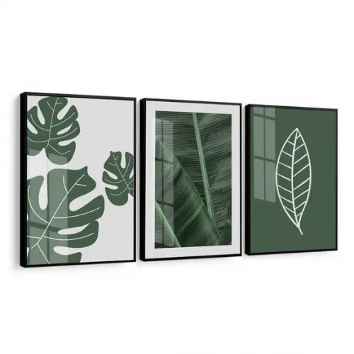 Quadros Decorativos Modernos Folhas Verdes Moldura e Vidro