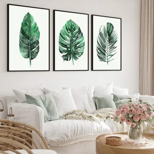 Quadros Decorativos Modernos Folhas Verdes para Sala Moldura