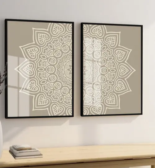 Quadros Decorativos Modernos Mandala Bege Boho Moldura Vidro