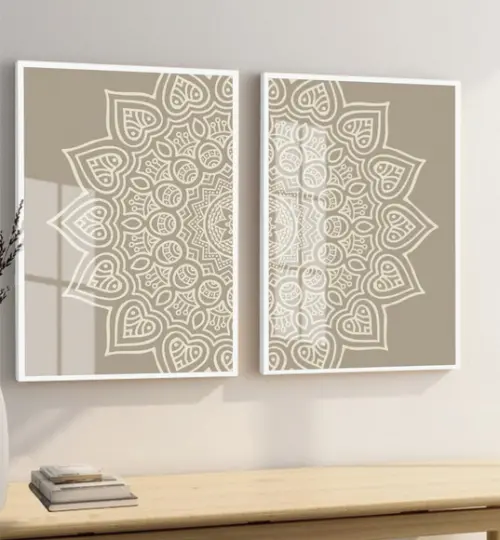 Quadros Decorativos Modernos Mandala Boho Bege Moldura Vidro