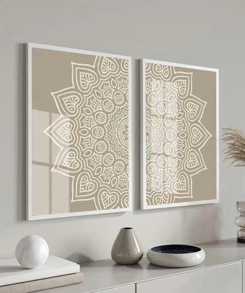 Quadros Decorativos Modernos Mandala Boho Bege Moldura Vidro