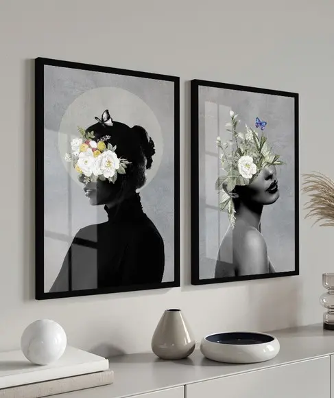 Quadros Decorativos Modernos Mulher Flores Moldura e Vidro
