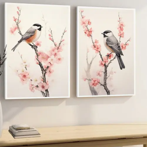 Quadros Decorativos Modernos Pássaros Flores Cerejeira Vidro