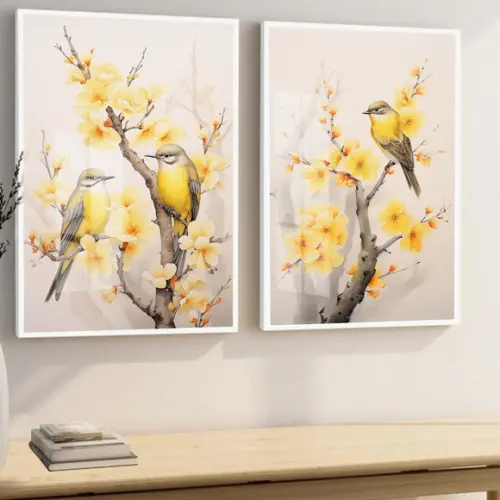 Quadros Decorativos Modernos Pássaros Flores Amarela Vidro