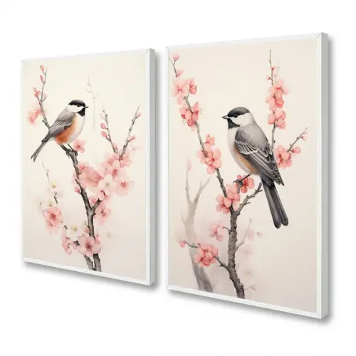 Quadros Decorativos Modernos Pássaros Flores Cerejeira Vidro