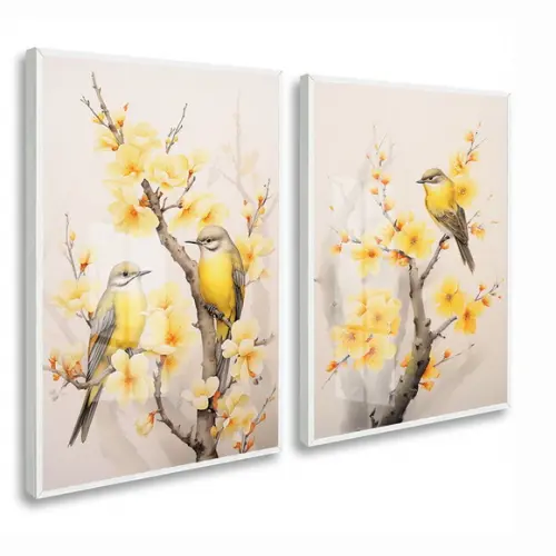 Quadros Decorativos Modernos Pássaros Flores Amarela Vidro