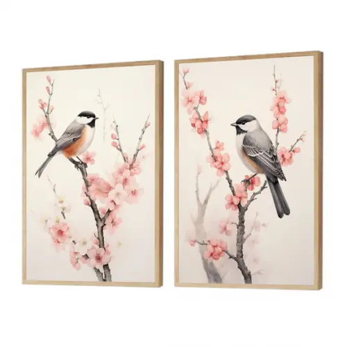 Quadros Decorativos Modernos Pássaros Flores Moldura e Vidro