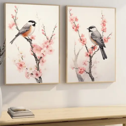 Quadros Decorativos Modernos Pássaros Flores Moldura e Vidro