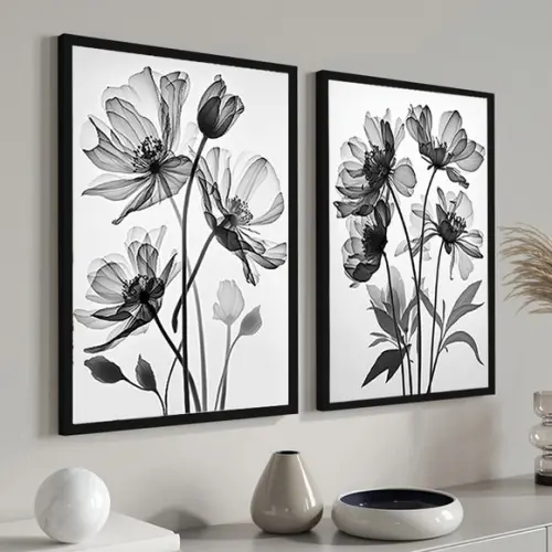 Quadros Decorativos Modernos Preto e Branco Flores Moldura