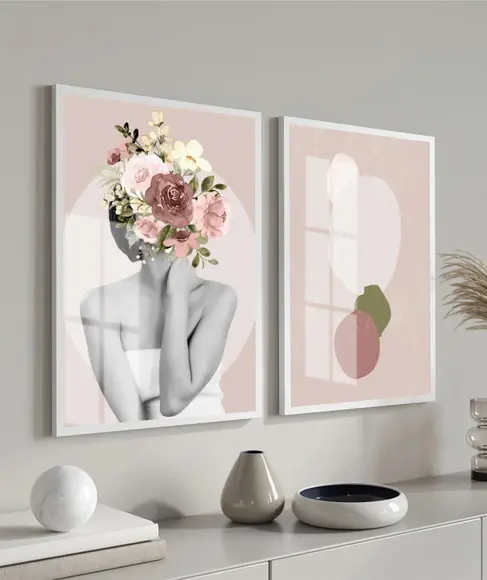 Quadros Decorativos Mulher Flores Abstrato Moldura E Vidro